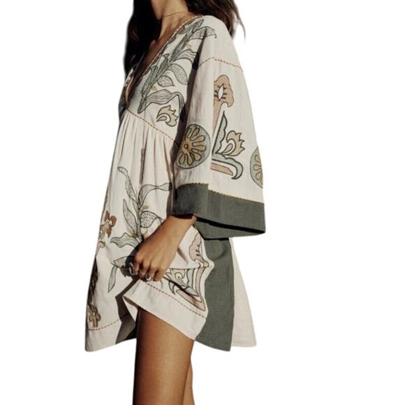 Veveret Flowy Boho Embroidered Mini Dress Boxy Oversized Khaki Green Size S - Picture 15 of 15